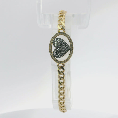 14KT Gold Bracelet Women's Single Charm Diamond Cut White Gold Heart with Oval White CZ Stones Border and White CZ Stone End Cuban Link Lobster Clasp Band