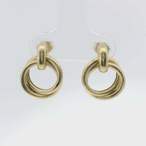 14KT Gold Earrings Medium Round Two Strand Open Center Dangling Interlocking Plain Rings with Plain Bar, Push Back Post, and Butterfly Backs