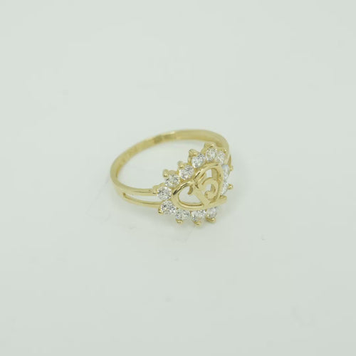 14KT Gold Ring Women's Tilted Open Heart 15 Quince with White CZ Stone Border Split Band