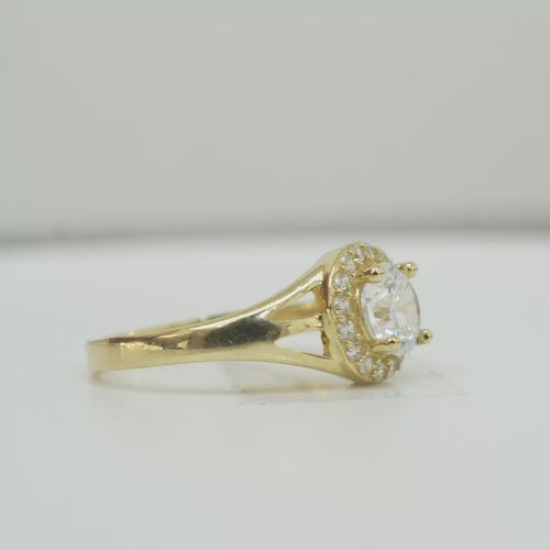 14KT Gold Ring Women's Mini Round White Center CZ Stone with Round White CZ Stones Border and Mini Plain Double Split Band