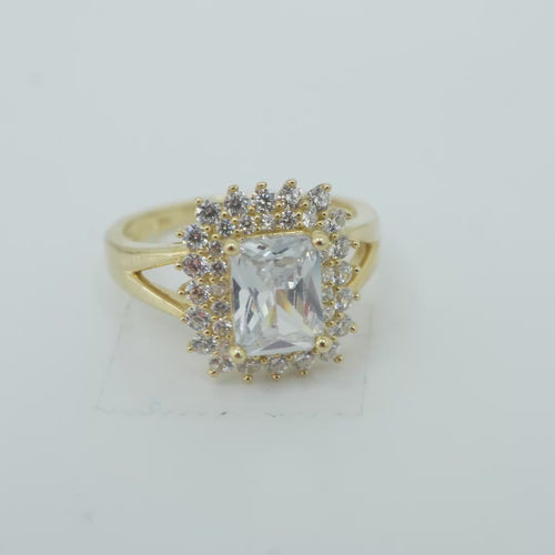 14KT Gold Ring Women's White Rectangle Center CZ Stone Double White Round CZ Stones Border Plain Split Band