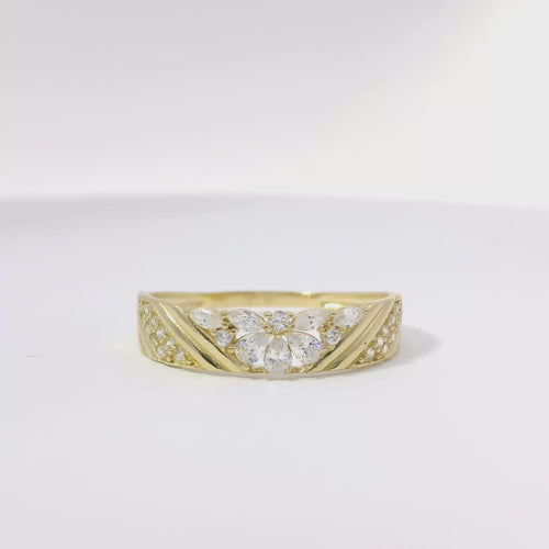 14KT Gold Ring Women's Light Weight White CZ Stone Pear / Marquise Snowflake Center with White CZ Stone V Stripe Band