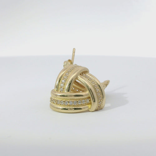 14KT Gold Earrings Medium White CZ Stones Ribbed Three Strand Triangle Knot with Push Back Post and Butterfly Backs