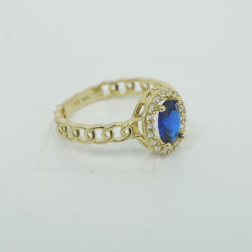 14KT Gold Ring Women's Oval Navy Blue Center Stone with White CZ Stone Border Chino Band
