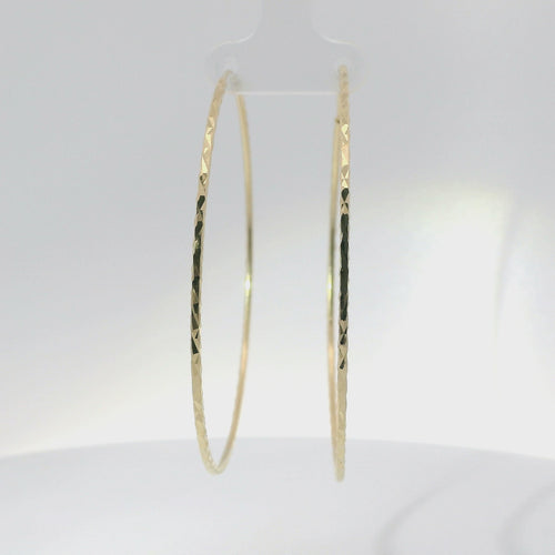 14KT Gold Earrings Flat Diamond Cut Hoops 2.5 Inch 1mm