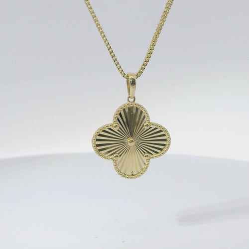 14KT Gold Charm Large Sunray Clover with Beaded Border and Center and Plain Bell