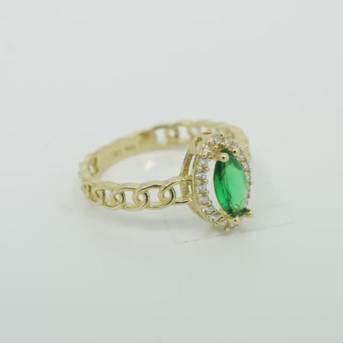 14KT Gold Ring Women's Green Marquise Center CZ White Round CZ Border Chino Band