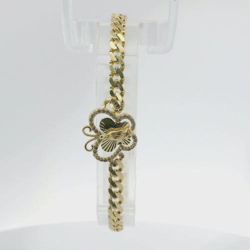 14KT Gold Bracelet Women's Single Charm Virgin Mary Sunray Butterfly with White CZ Stones Border and White CZ Stone End Cuban Link Lobster Clasp Band