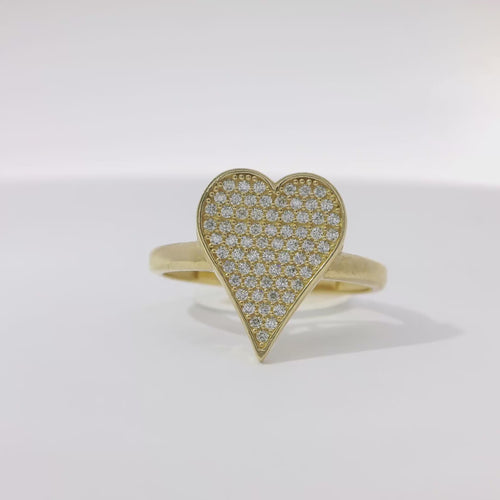 14KT Gold Ring Women's White CZ Stones Tall Heart with Plain Border and Band