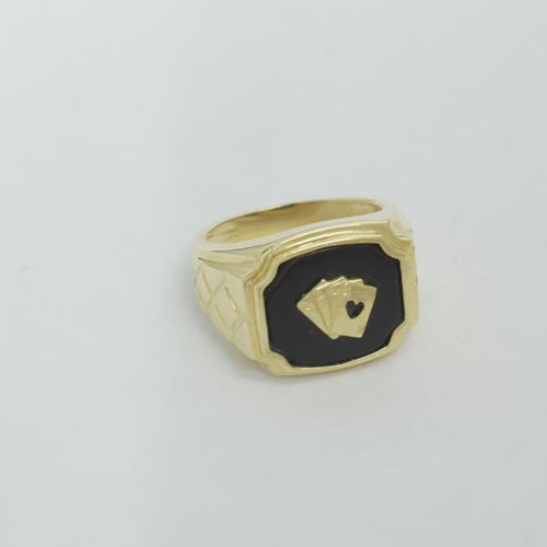 14KT Gold Ring Men's Square Onyx Four Fanned Playing Cards "Full House" Side Design Triple Stack Rhombus