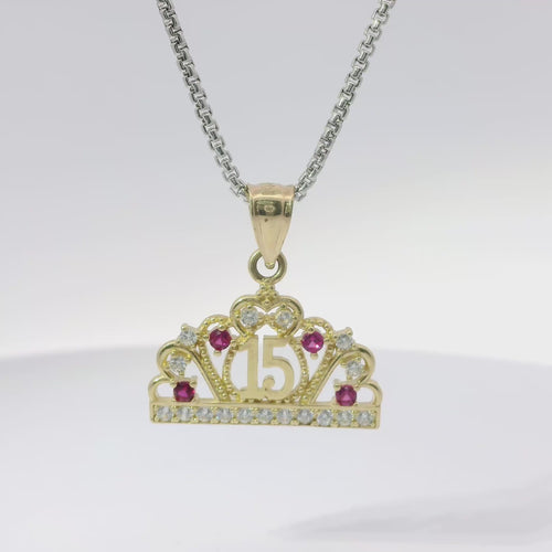14KT Gold Charm Jumbo Quincenaera "15" Center Open Heart Tiara with Dark Pink and White CZ Stones Top and Round White CZ Stones Band and Plain Bell