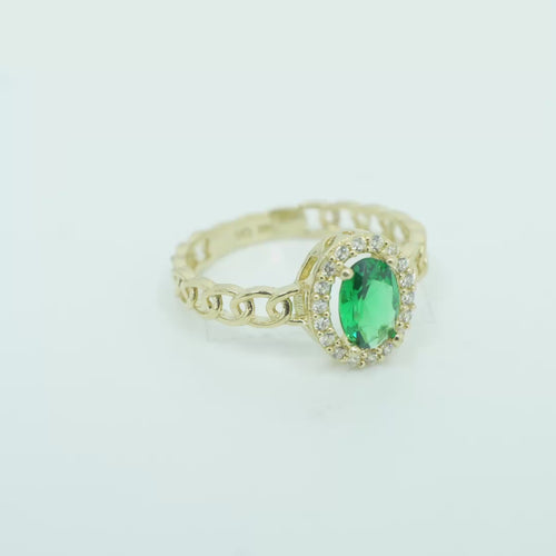 14KT Gold Ring Women's Oval Dark Green Center Stone with White CZ Stone Border Chino Band