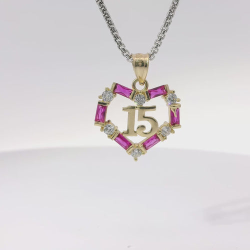 14KT Gold Charm Medium Quinceanera Open Heart with Dark Pink Baguette and White Round CZ Stones Outline with Plain Bell