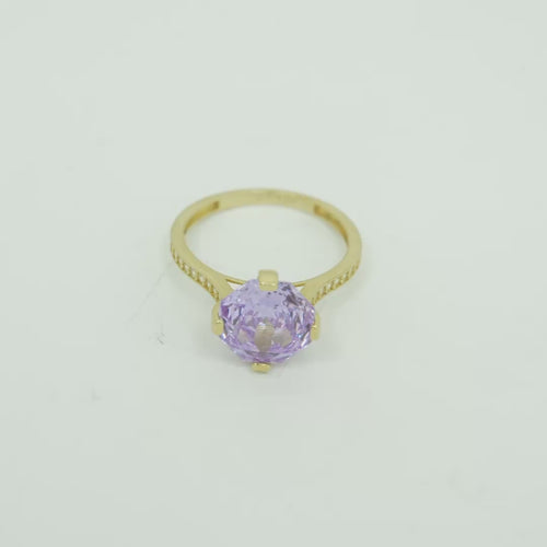 14KT Gold Ring Women's Jumbo Octagon Rose 4 Prong Purple CZ Center Stone with Round White Pave CZ Stone Band