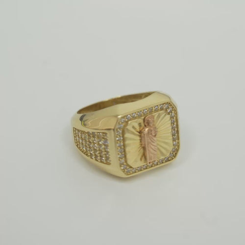 14KT Gold Ring Men's Square Two Tone St. Jude with Sunray Background White CZ Border and Five Rows of White CZ Stones on Each Side of the Ring