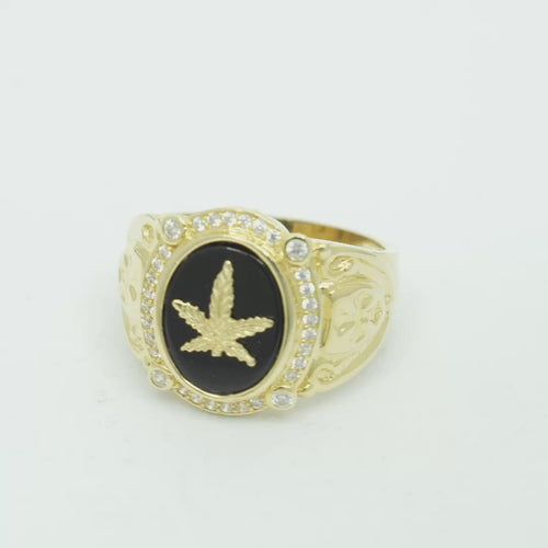14KT Gold Ring Men's Oval Marijuana Leaf/Onyx with White CZ Stones Side Design Cross on Shield