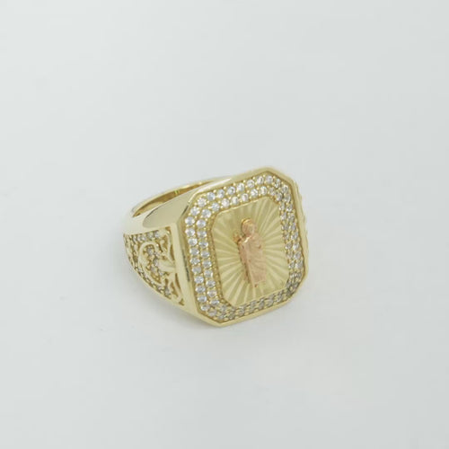 14KT Gold Ring Men's Octagon Rectangle Two Tone Standing St. Jude Center with Sunray Background Double Row White CZ Stone Border with White CZ Side Stones