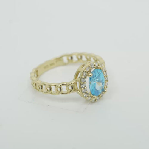 14KT Gold Ring Women's Oval Light Blue Center Stone with White CZ Stone Border Chino Band
