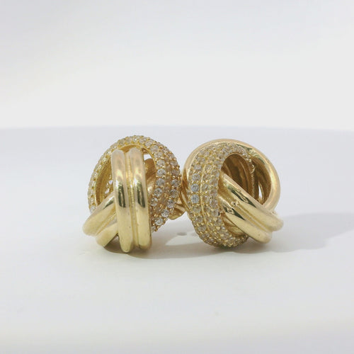 14KT Gold Earrings Medium Two Strand Round White CZ Stones Knot with Push Back Post and Butterfly Backs