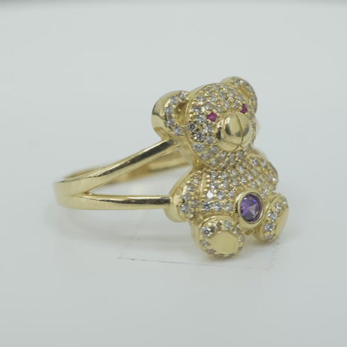 14KT Gold Ring Small White CZ Stones Teddy Bear with Red CZ Stones Eyes, Round Purple CZ Stone Belly, and Plain Split Band
