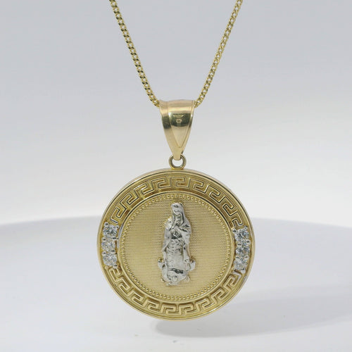 14KT Gold Charm Large Round Greek Two Tone Virgin Mary Coin with Six White CZ Stones Border and Plain Bell