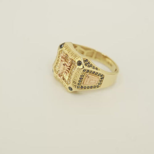 14KT Gold Ring Men's Square Two Tone Scorpion Center with White CZ Stone Border Black CZ Corner Stones with Side Design Black / Gold Greek Style Square with Black CZ Stone Border Around a Raised Arrow on Each Side