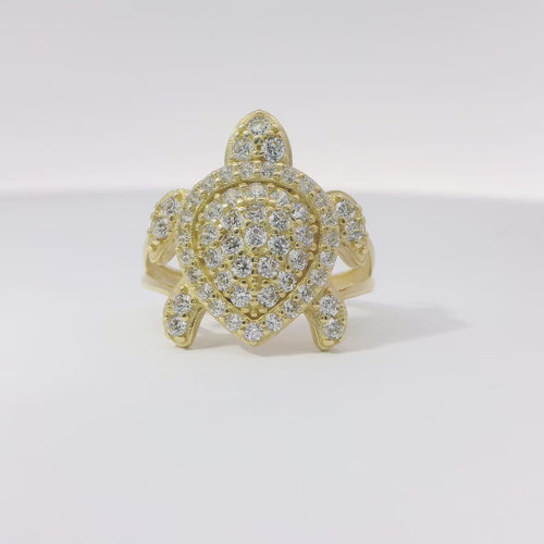 14KT Gold Ring Women's White CZ Stone Sea Turtle with Plain Border Shell and Plain Split Band