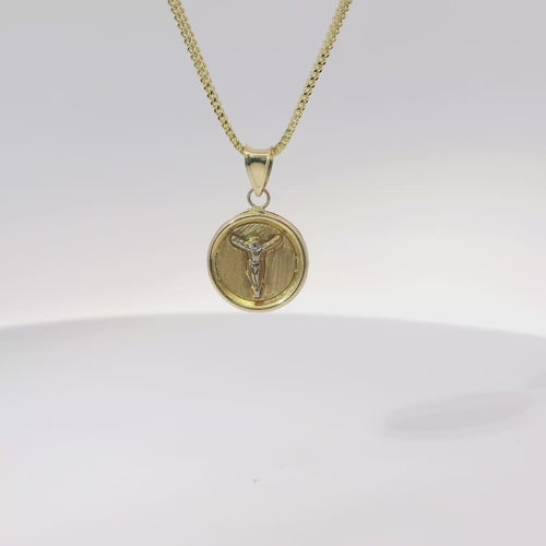 14KT Gold Charm Extra Small Round Crucifix Coin with Plain Background and White CZ Stones Top and Plain Bell