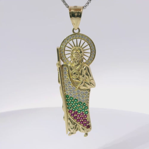 14KT Gold Charm Large St Jude with Red, Green, and White Round CZ Stones Robe with White CZ Stones Halo and Plain Bell