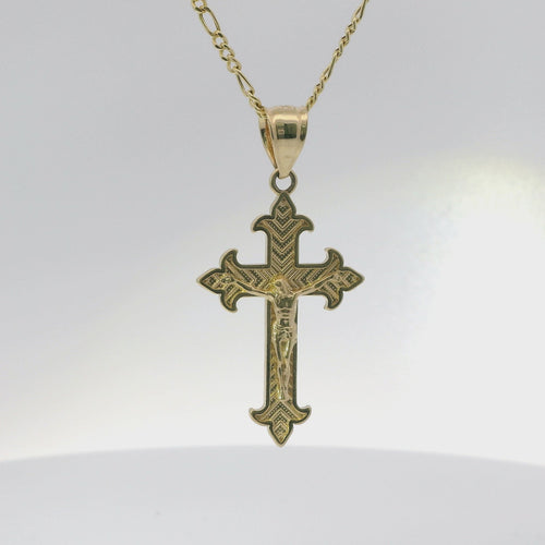 14KT Gold Charm Small Two Tone Stripe Center Dagger Flare Ends Crucifix Cross with Plain Bell