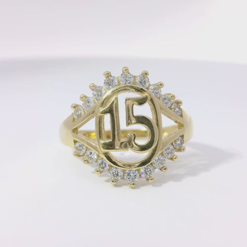 14KT Gold Ring Women's Quincenaera "15" Oval Center with Nine Upper and Lower White CZ Stones and Plain Split Band