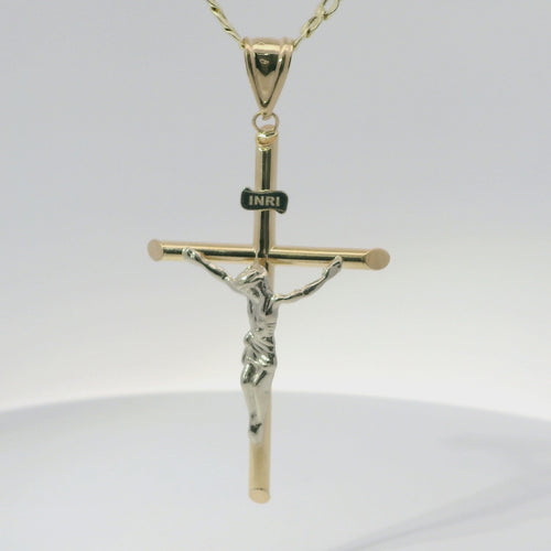 14KT Gold Charm Extra Large Two Tone Hollow Tube Slant Ends Crucifix Cross with Plain Bell