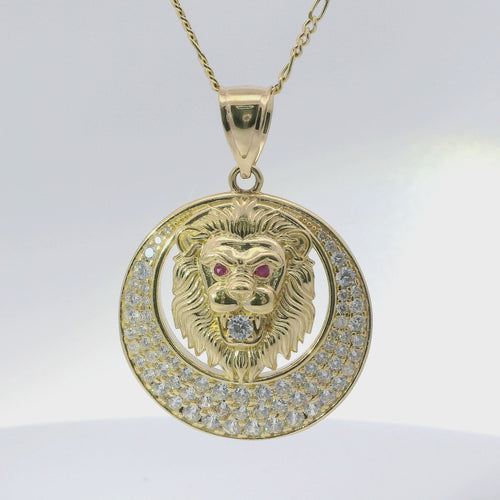 14KT Gold Charm Large Etched Lion Head Center with Red CZ Stones Eyes, White CZ Stone Mouth, Cresent Frame and Plain Bell