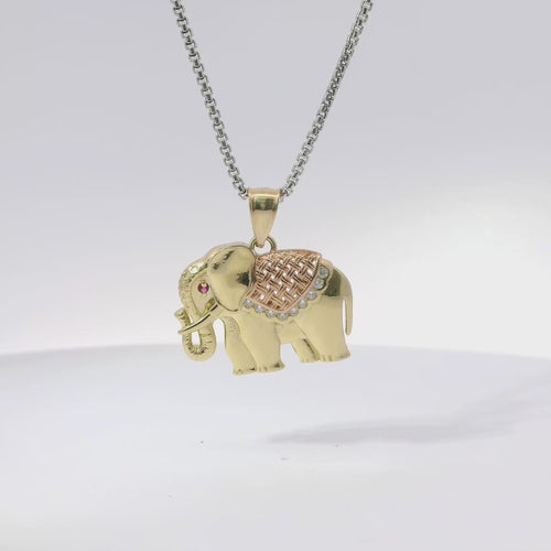 14KT Gold Charm Medium Tri Tone Elephant with Pink Eye and Rose Gold Pointed Blanket Plain Bell