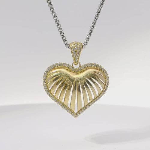 14KT Gold Charm Large Plain Ribbed Seashell Heart with Single Row White CZ Stone Border and White CZ Stones Band