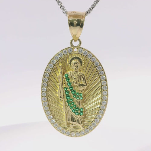 14KT Gold Charm Large Oval St Jude Sunray Coin with Green CZ Stone Robe, White CZ Stone Border and Plain Bell