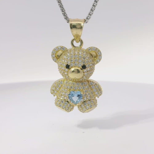14KT Gold Charm Extra Large White CZ Stones Teddy Bear with Light Blue Heart Belly and Plain Bell