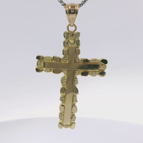14KT Gold Charm Large Nugget Cross with Engravable Center and Plain Bell