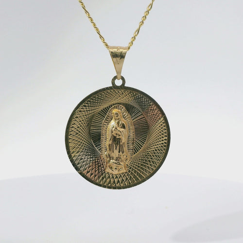 14KT Gold Charm Large Round Tri Tone Graphic Line Background Virgin Mary Coin with White CZ Stone Edge and Plain Bell