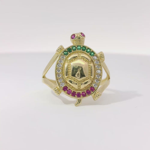 14KT Gold Ring Women's Jumbo White/Green/Red Mexico Flag CZ Stone Turtle Shell with Red CZ Eyes Plain Border and Plain Split Band