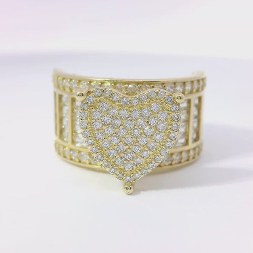 14KT Gold Ring Women's Four Prong Heart White CZ Stones Cluster Center with Plain Outline Border and Eight Sections of Four White CZ Baguette Stones Band