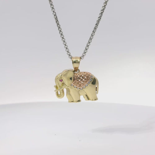 14KT Gold Charm Small Tri Tone Elephant with Pink Eye and Rose Gold Pointed Blanket Plain Bell
