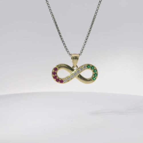 14KT Gold Charm Jumbo Infinity Loop with Red, White, and Green CZ Stones with Plain Bell