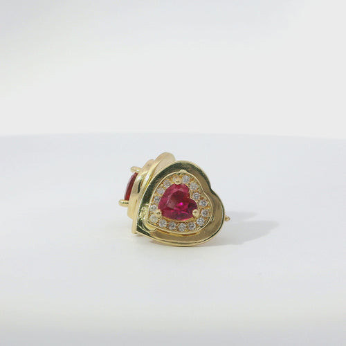 14KT Gold Earring Small Red Heart Center CZ Stone with White CZ Stones Border, Plain Platform Border with Push Back Post and Butterfly Backs