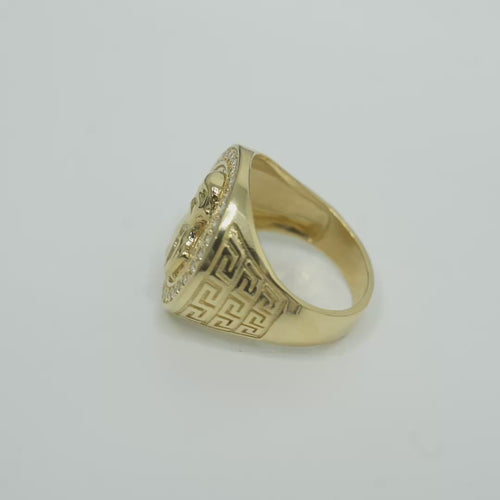 14K Gold Ring Men's Malverde Round with CZ White Stone Border and Greek Style Design on Each Side of the Ring