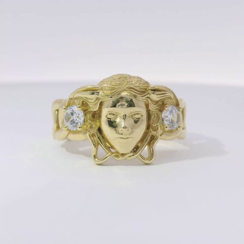 14KT Gold Ring Men's Medusa Head Shape with White CZ Stones Left/Right of Medusa Head Miami Link Band