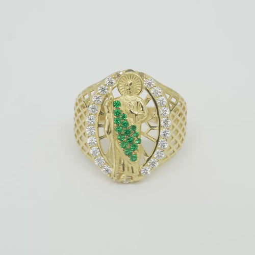 14KT Gold Ring Men's Oval St. Jude Green CZ Stone Robe White CZ Stones Border with Diamond Shape Gallery Cutouts on Band