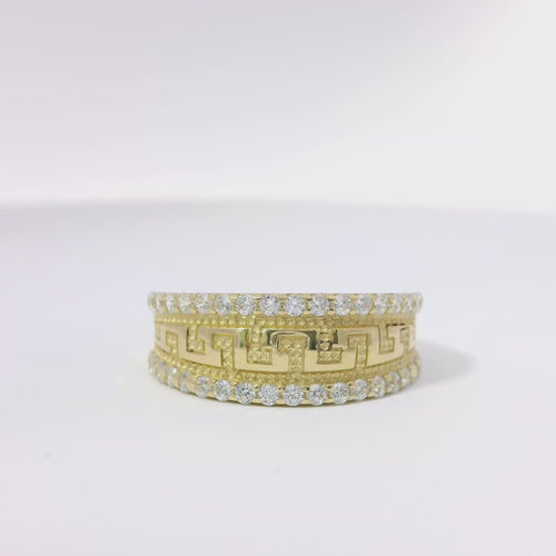14KT Gold Ring Women's Mini Greek Center with White CZ Stones Top and Lower Borders Band