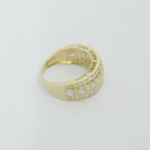 14KT Gold Ring Men's Nine Round White CZ Stones in Square Frame Center of Band White CZ Round Stones Upper and Lower Band with Single Row Border Side Design Four Rectangle Cutouts