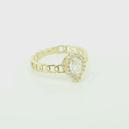14KT Gold Ring Women's Pear White Center Stone with White CZ Stone Border Chino Band